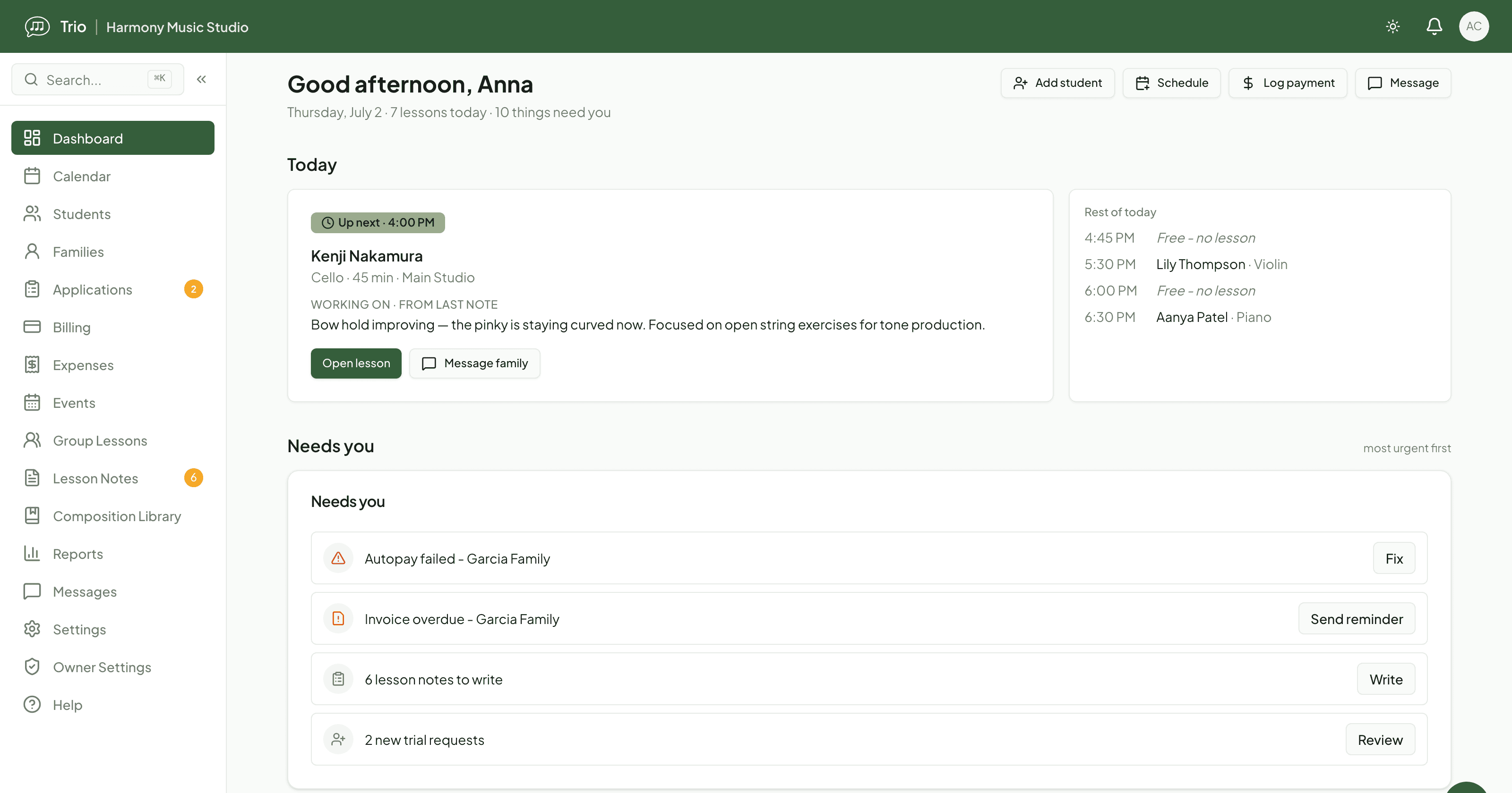 Trio teacher dashboard - today's schedule and the lessons-to-wrap-up worklist