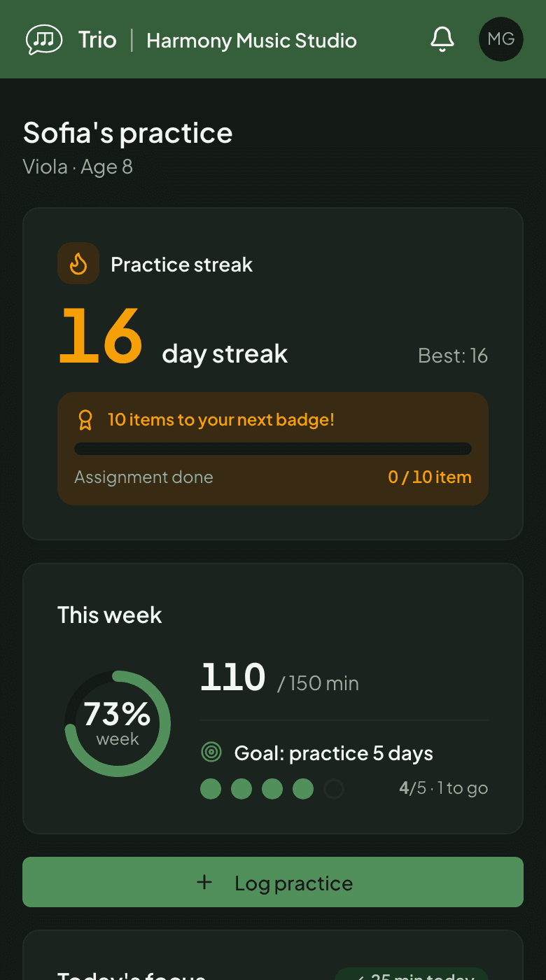 Trio parent portal practice tab - streak, weekly goal, and a practice heatmap
