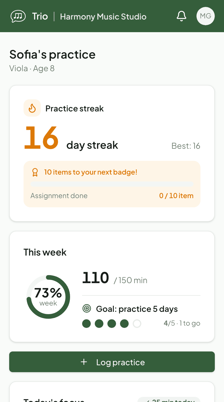 Trio parent portal practice tab - streak, weekly goal, and a practice heatmap